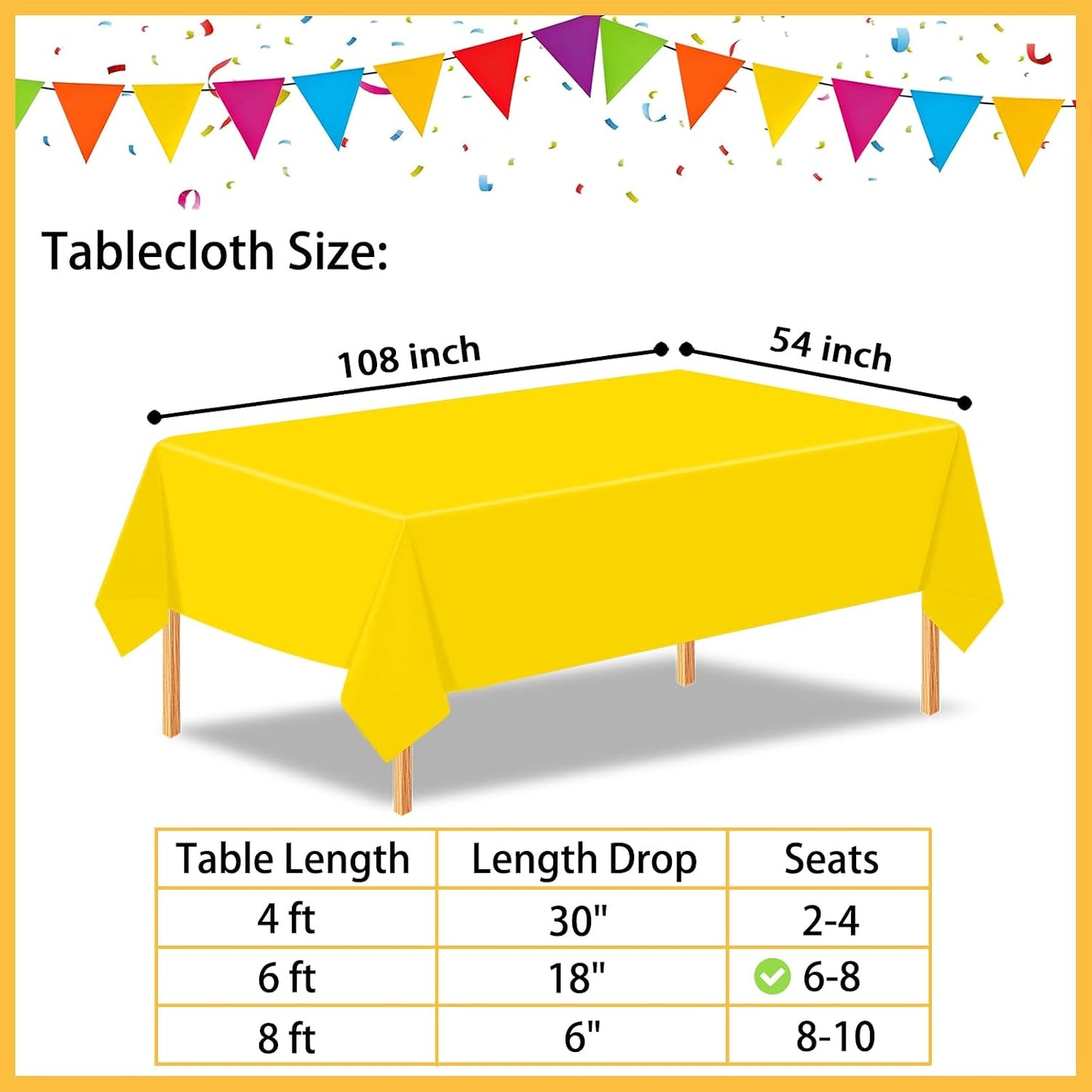 2Pcs Yellow Plastic Table Cloth, 54 x 108 Inch Rectangle Disposable Tablecloth for Birthday, Wedding, Picnic, Holiday Party