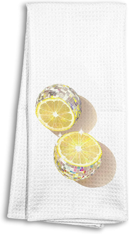 Trendy Disco Ball Lemon Kitchen Towels, Glam Disco Ball Lemon Dish Tea Towels for Kitchen Decorative, Maximalist Funky Fruit Hand Towels for Bathroom Decor, 16x24 Inch