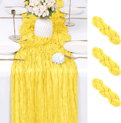 3 Pack Lemon Yellow Cheesecloth Table Runner 17x108 Inch Semi Sheer Boho Gauze Cheese Cloth Fabric Table Runners Table Decor for Wedding Party Baby Shower Birthday Home Decor Garden Farmhouse