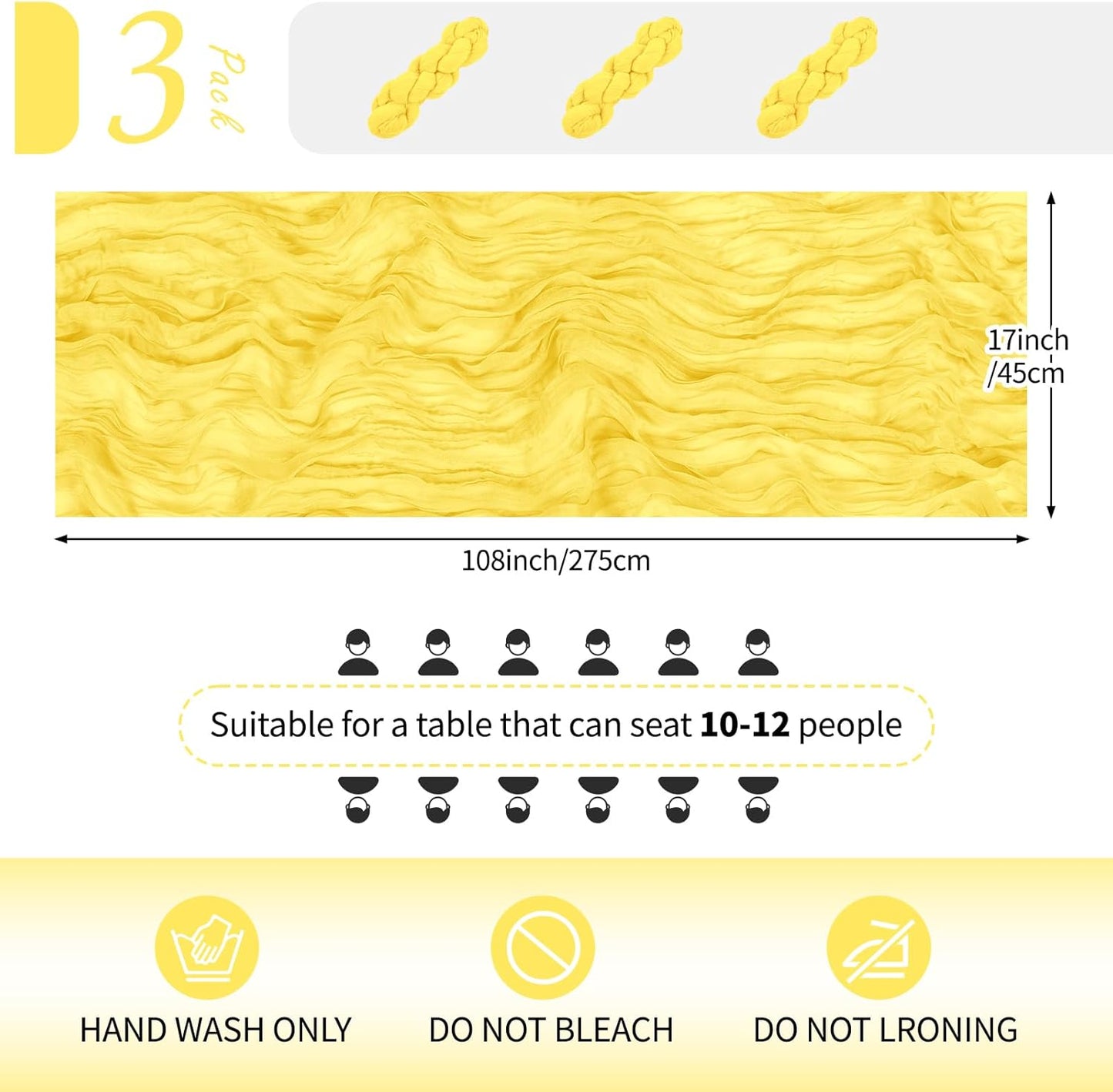 3 Pack Lemon Yellow Cheesecloth Table Runner 17x108 Inch Semi Sheer Boho Gauze Cheese Cloth Fabric Table Runners Table Decor for Wedding Party Baby Shower Birthday Home Decor Garden Farmhouse