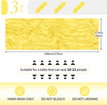 3 Pack Lemon Yellow Cheesecloth Table Runner 17x108 Inch Semi Sheer Boho Gauze Cheese Cloth Fabric Table Runners Table Decor for Wedding Party Baby Shower Birthday Home Decor Garden Farmhouse