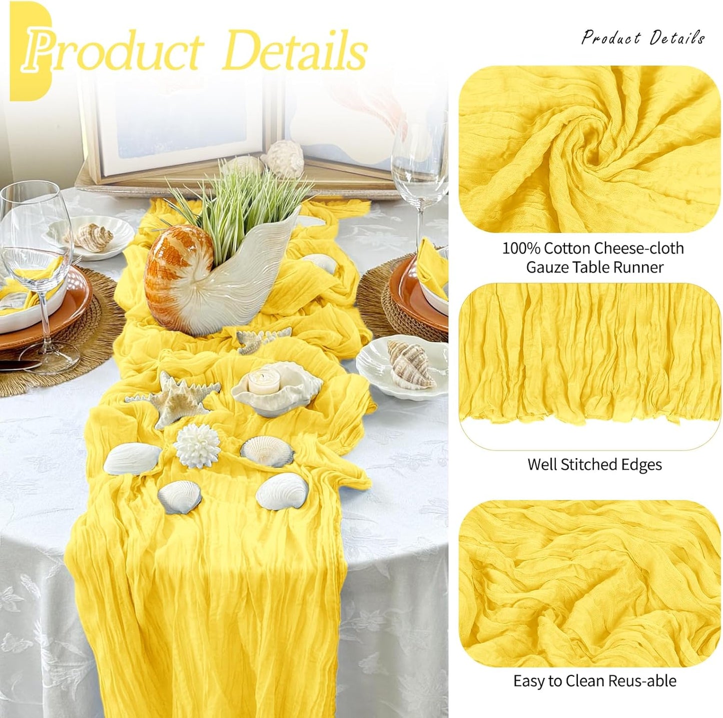 3 Pack Lemon Yellow Cheesecloth Table Runner 17x108 Inch Semi Sheer Boho Gauze Cheese Cloth Fabric Table Runners Table Decor for Wedding Party Baby Shower Birthday Home Decor Garden Farmhouse
