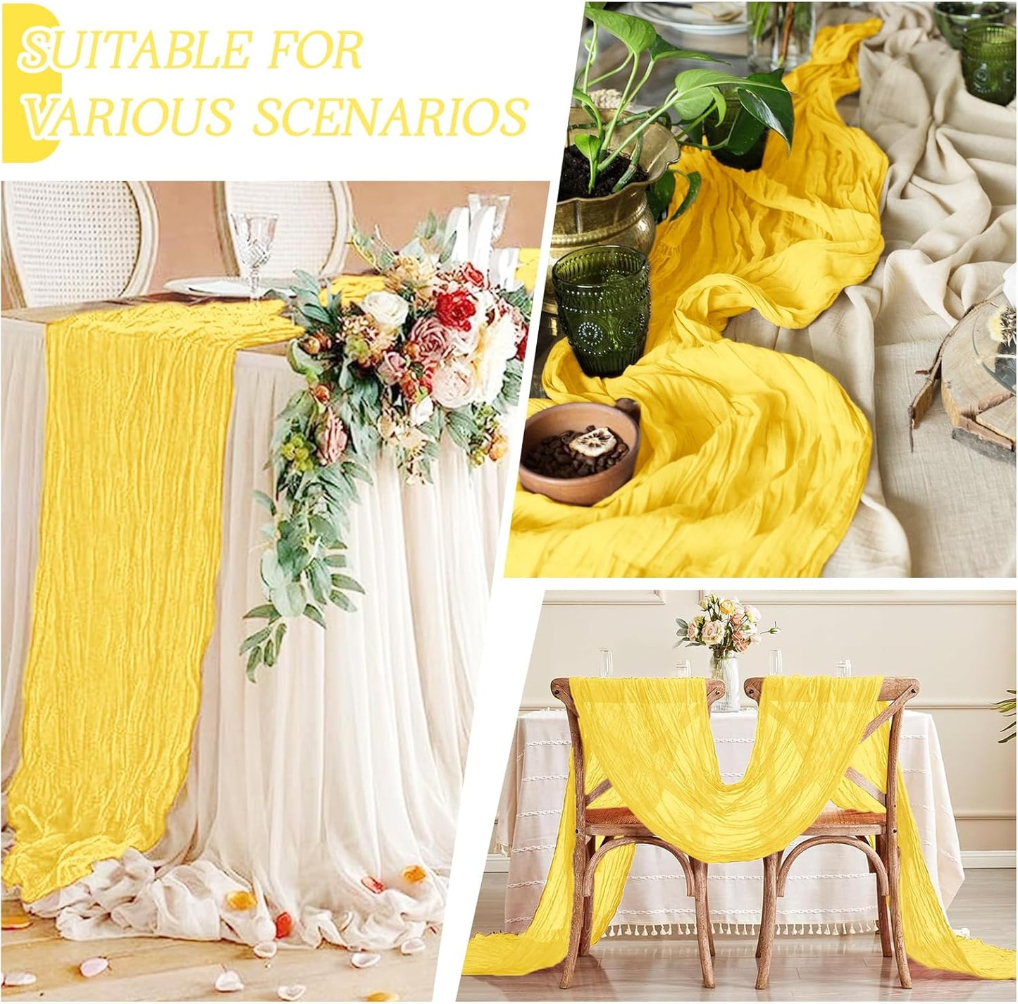 3 Pack Lemon Yellow Cheesecloth Table Runner 17x108 Inch Semi Sheer Boho Gauze Cheese Cloth Fabric Table Runners Table Decor for Wedding Party Baby Shower Birthday Home Decor Garden Farmhouse