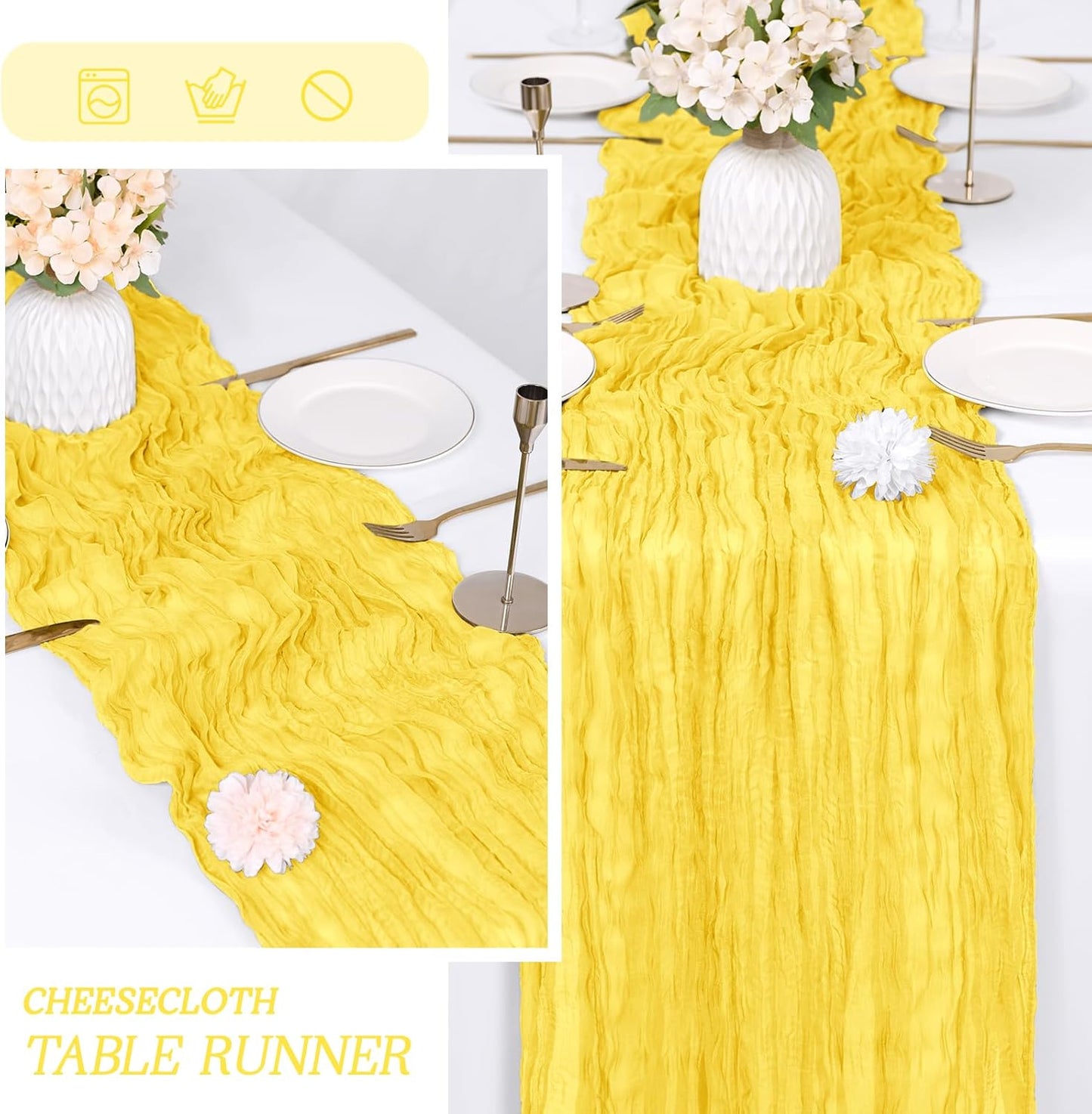 3 Pack Lemon Yellow Cheesecloth Table Runner 17x108 Inch Semi Sheer Boho Gauze Cheese Cloth Fabric Table Runners Table Decor for Wedding Party Baby Shower Birthday Home Decor Garden Farmhouse