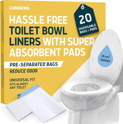 Toilet Liners with Lemon Super Absorbent Pads - Value Pack 20 Disposable Toilet Bags - Universal Fit - Convert any WC into a Dry Flush - Emergency & Natural Disaster Preparedness Must Have
