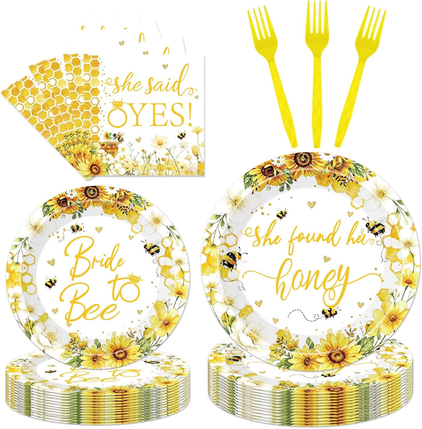 96 Pcs Bride to Bee Bridal Shower Tableware Set, Sunflower Honey Theme Party Supplies with Plates Napkins Forks, She Found Her Honey Engagement Bachelorette Party Decorations for 24 Guests
