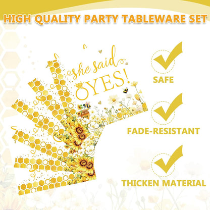 96 Pcs Bride to Bee Bridal Shower Tableware Set, Sunflower Honey Theme Party Supplies with Plates Napkins Forks, She Found Her Honey Engagement Bachelorette Party Decorations for 24 Guests