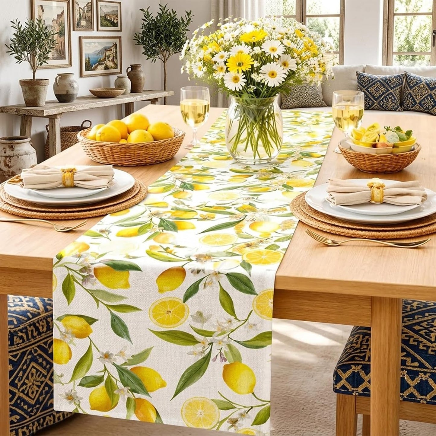 Lemon Table Runner - 13 x 72 Inch Summer Table Runner for Summer Party Decor, Linen Summer Table Runner with Lemon Decorations for Dining, Picnic, and Outdoor Events