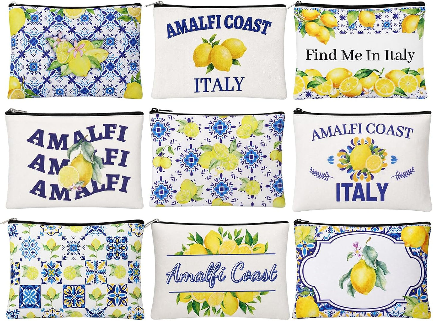 9 Pcs Italian Lemon Makeup Bags Amalfi Coast Cosmetics Bag, Italy Souvenirs Lemon Purse for Wedding Bridal Shower Party Gifts
