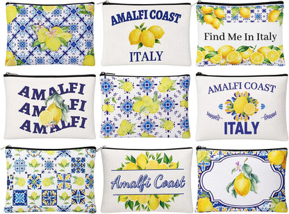 9 Pcs Italian Lemon Makeup Bags Amalfi Coast Cosmetics Bag, Italy Souvenirs Lemon Purse for Wedding Bridal Shower Party Gifts