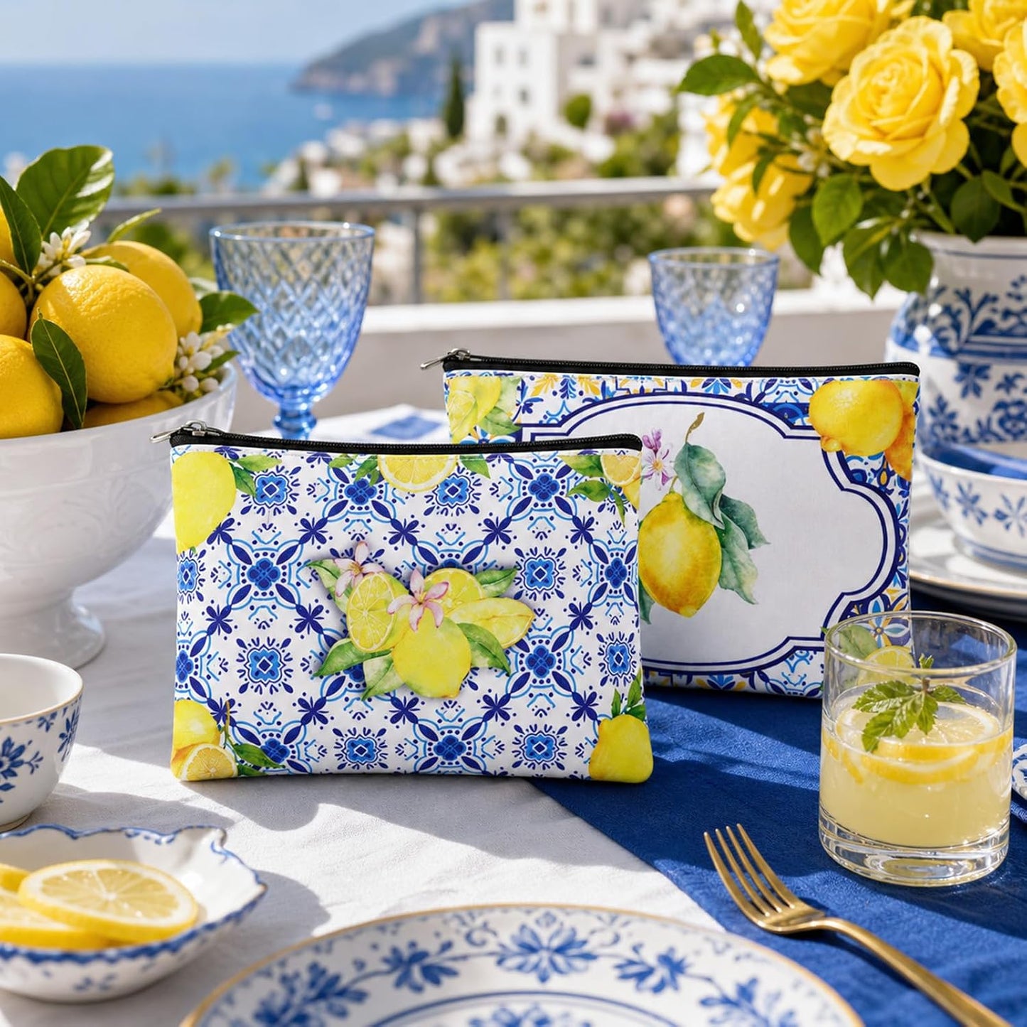 9 Pcs Italian Lemon Makeup Bags Amalfi Coast Cosmetics Bag, Italy Souvenirs Lemon Purse for Wedding Bridal Shower Party Gifts