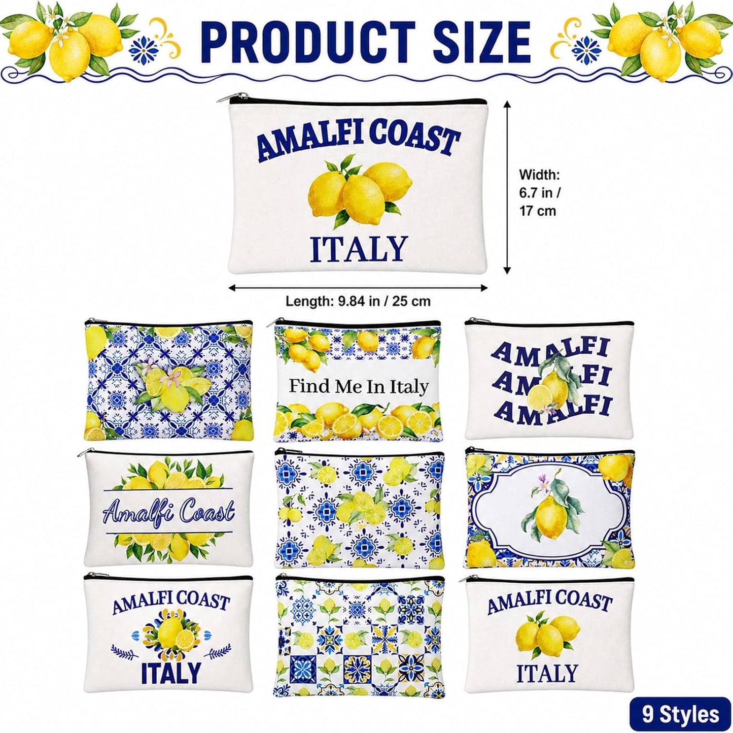 9 Pcs Italian Lemon Makeup Bags Amalfi Coast Cosmetics Bag, Italy Souvenirs Lemon Purse for Wedding Bridal Shower Party Gifts