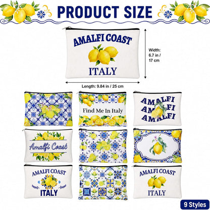 9 Pcs Italian Lemon Makeup Bags Amalfi Coast Cosmetics Bag, Italy Souvenirs Lemon Purse for Wedding Bridal Shower Party Gifts