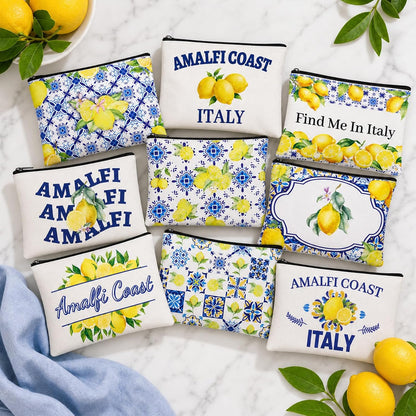 9 Pcs Italian Lemon Makeup Bags Amalfi Coast Cosmetics Bag, Italy Souvenirs Lemon Purse for Wedding Bridal Shower Party Gifts