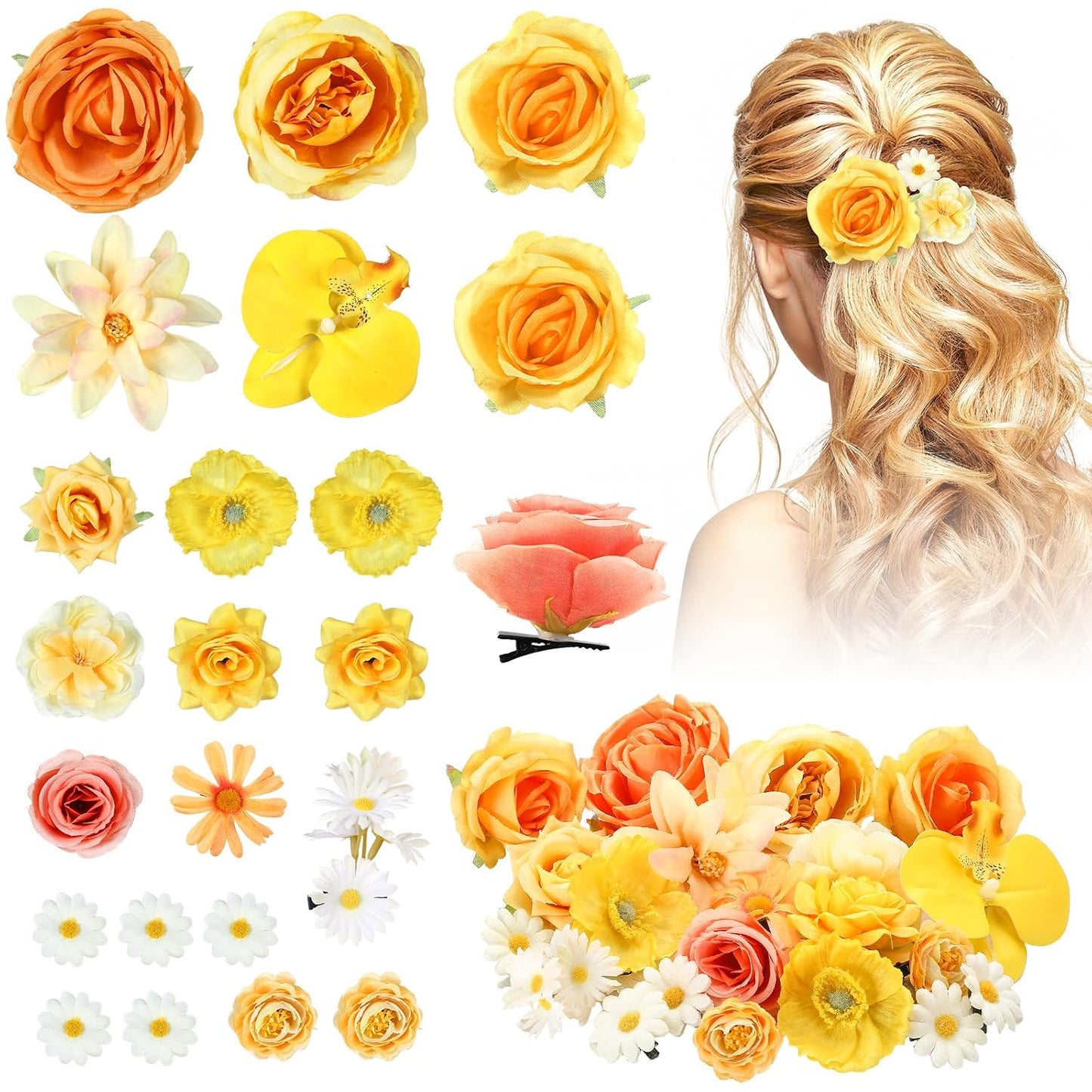 21 Pcs Flower Hair Clips, Floral Pins for Women,Yellow Series | Floral Hair Accessories Ideal for Wedding Bride, Daisy Rose Peony Styles, Alligator Barrettes Secure Hold Party Styling