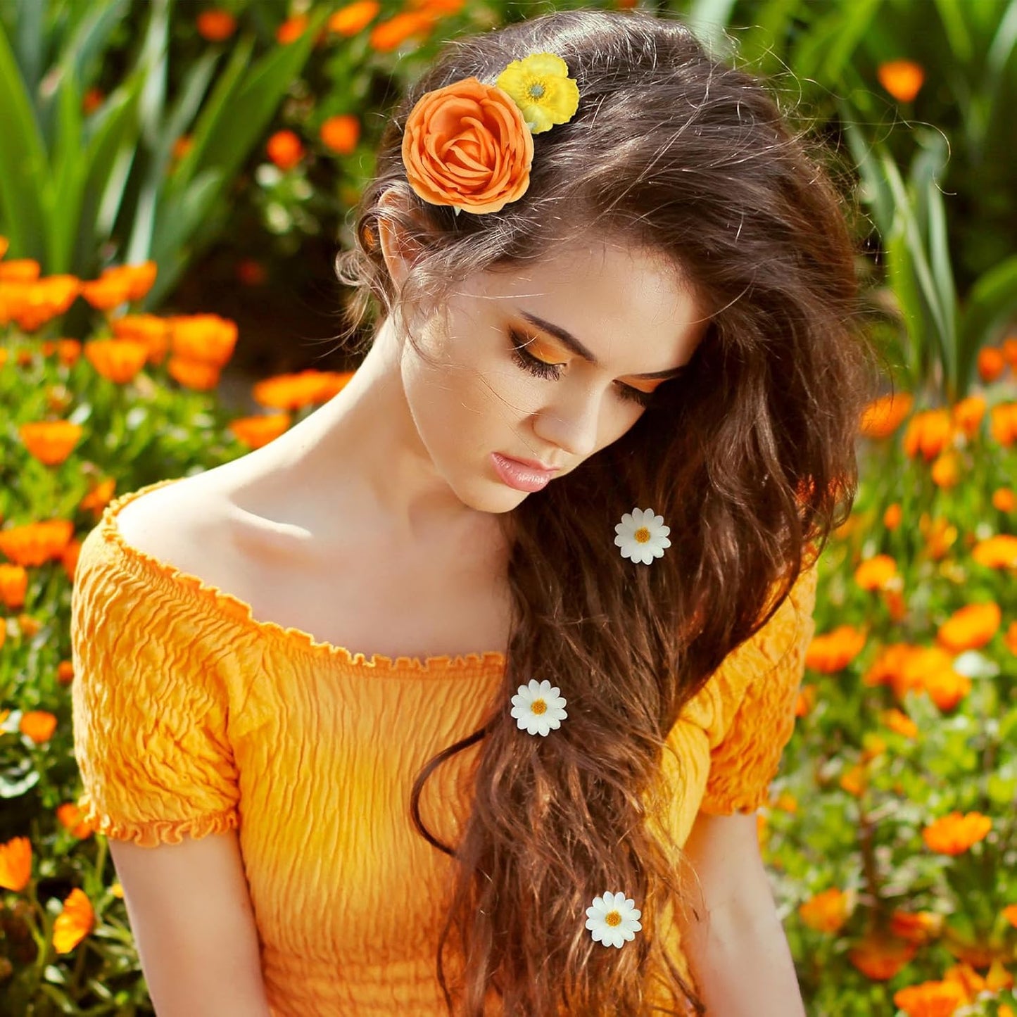 21 Pcs Flower Hair Clips, Floral Pins for Women,Yellow Series | Floral Hair Accessories Ideal for Wedding Bride, Daisy Rose Peony Styles, Alligator Barrettes Secure Hold Party Styling