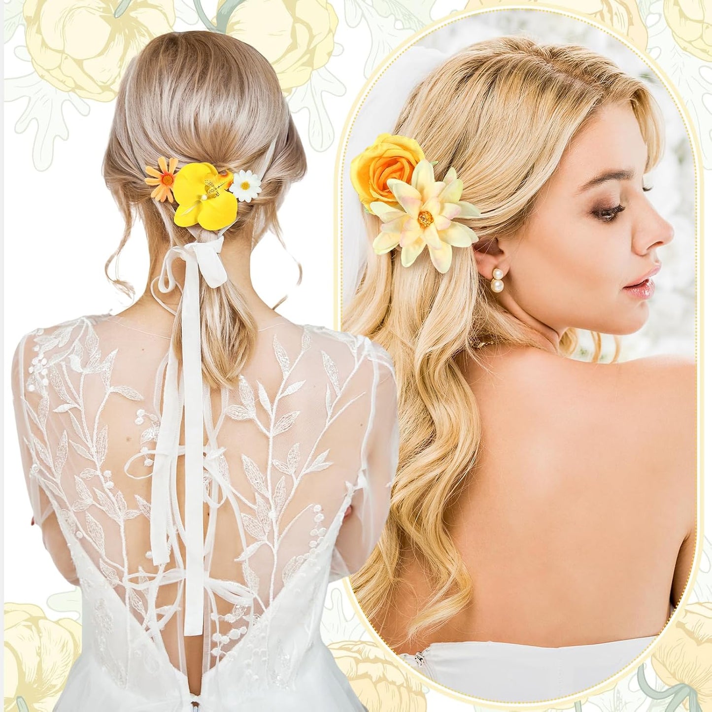 21 Pcs Flower Hair Clips, Floral Pins for Women,Yellow Series | Floral Hair Accessories Ideal for Wedding Bride, Daisy Rose Peony Styles, Alligator Barrettes Secure Hold Party Styling