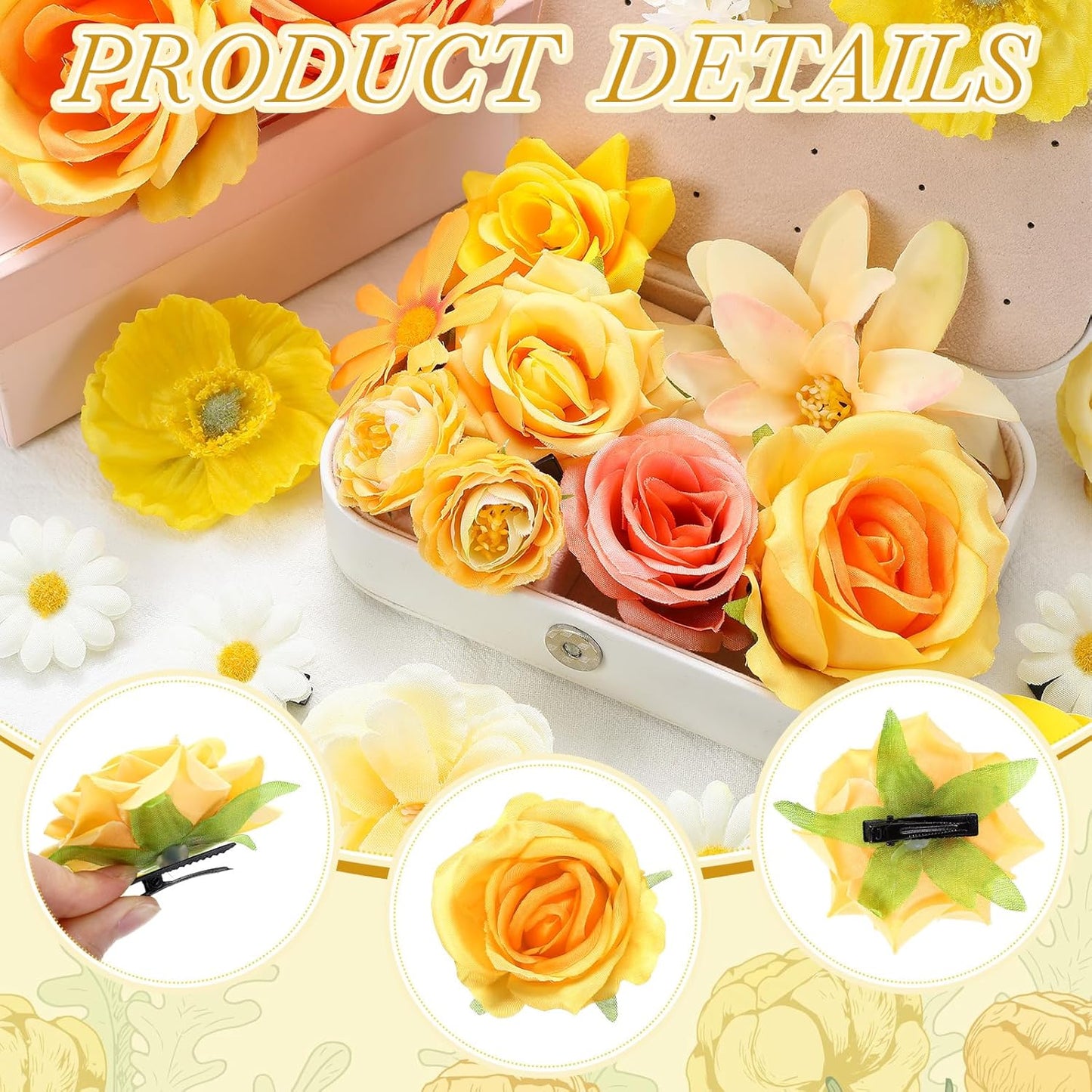 21 Pcs Flower Hair Clips, Floral Pins for Women,Yellow Series | Floral Hair Accessories Ideal for Wedding Bride, Daisy Rose Peony Styles, Alligator Barrettes Secure Hold Party Styling