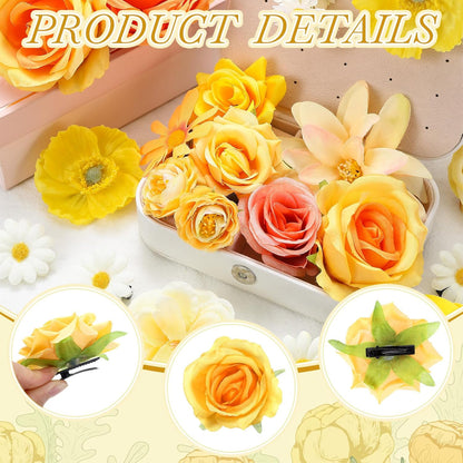 21 Pcs Flower Hair Clips, Floral Pins for Women,Yellow Series | Floral Hair Accessories Ideal for Wedding Bride, Daisy Rose Peony Styles, Alligator Barrettes Secure Hold Party Styling