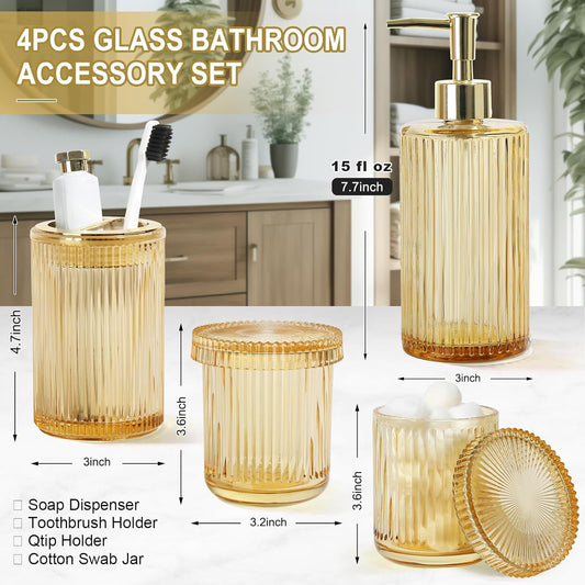 KASUNTING Gold Bathroom Accessories 4 Pcs, Gold Glass Soap Dispenser and Toothbrush Holder Set, Qtip Holder Set, Glass Bathroom Soap Dispenser Set, Yellow Orange Bathroom Decor