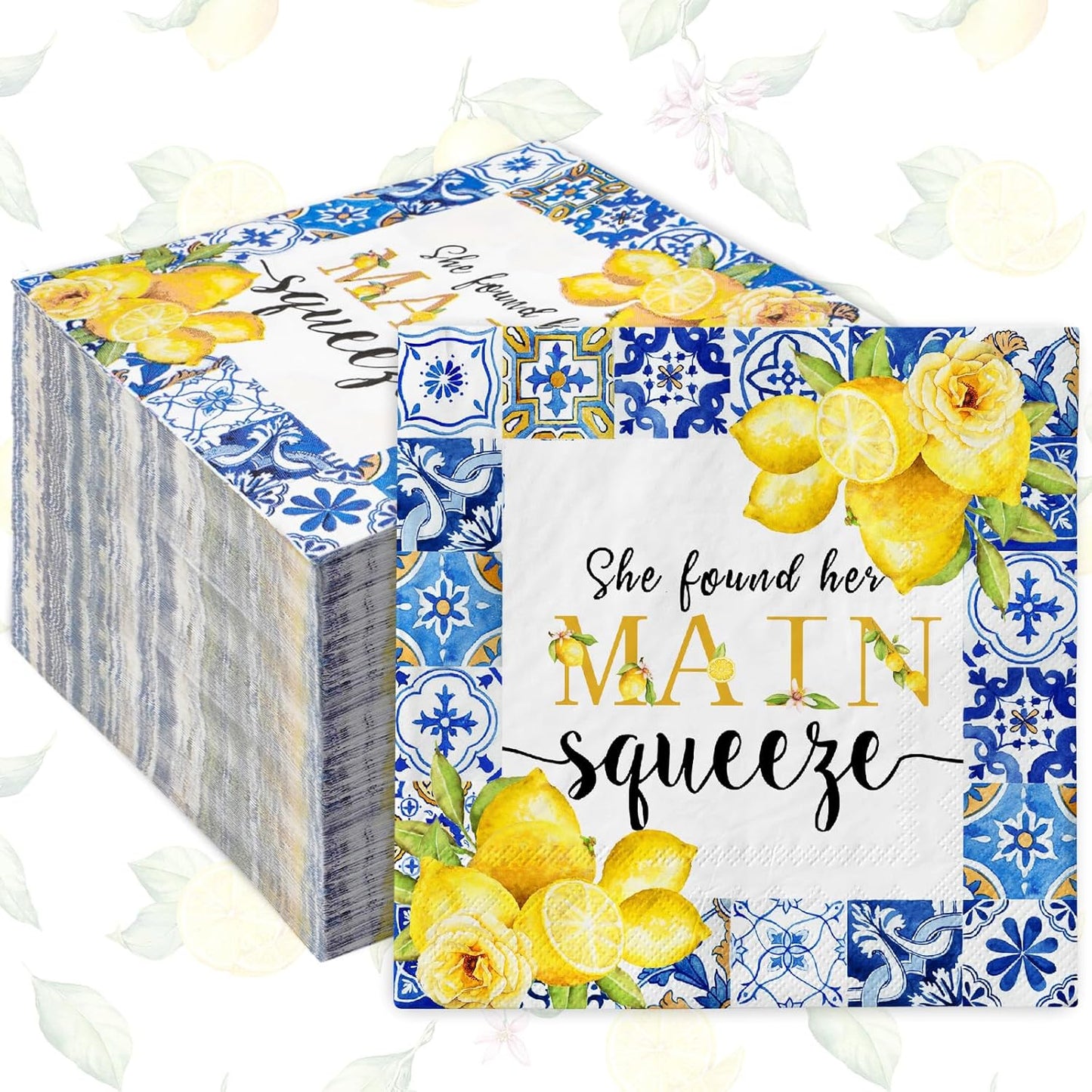 80Pcs Lemon Cocktail Napkins She Found Her Main Squeeze Decorative Disposable Paper Napkins Blue Tiles Yellow Lemon Beverage Napkin for Summer Wedding Birthday Dinner Supplies