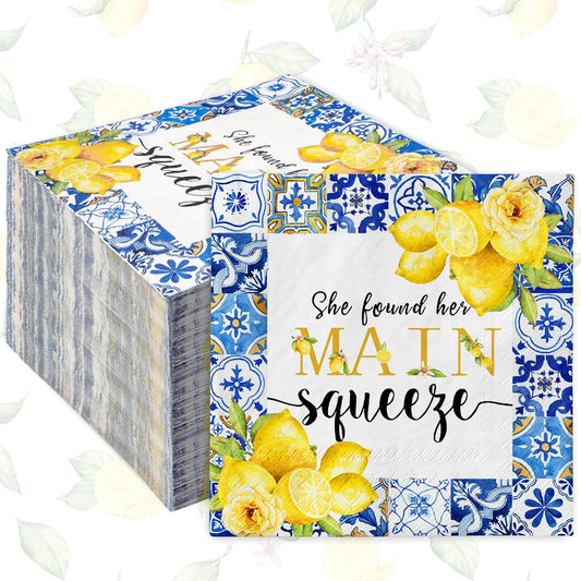 80Pcs Lemon Cocktail Napkins She Found Her Main Squeeze Decorative Disposable Paper Napkins Blue Tiles Yellow Lemon Beverage Napkin for Summer Wedding Birthday Dinner Supplies