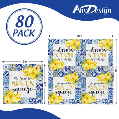 80Pcs Lemon Cocktail Napkins She Found Her Main Squeeze Decorative Disposable Paper Napkins Blue Tiles Yellow Lemon Beverage Napkin for Summer Wedding Birthday Dinner Supplies