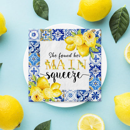 80Pcs Lemon Cocktail Napkins She Found Her Main Squeeze Decorative Disposable Paper Napkins Blue Tiles Yellow Lemon Beverage Napkin for Summer Wedding Birthday Dinner Supplies