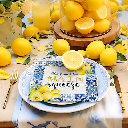 80Pcs Lemon Cocktail Napkins She Found Her Main Squeeze Decorative Disposable Paper Napkins Blue Tiles Yellow Lemon Beverage Napkin for Summer Wedding Birthday Dinner Supplies