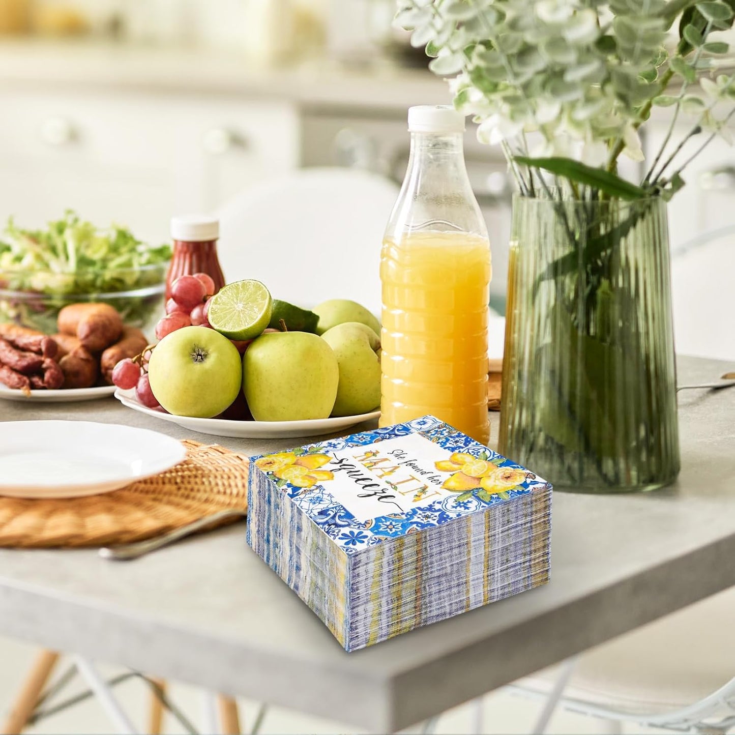 80Pcs Lemon Cocktail Napkins She Found Her Main Squeeze Decorative Disposable Paper Napkins Blue Tiles Yellow Lemon Beverage Napkin for Summer Wedding Birthday Dinner Supplies