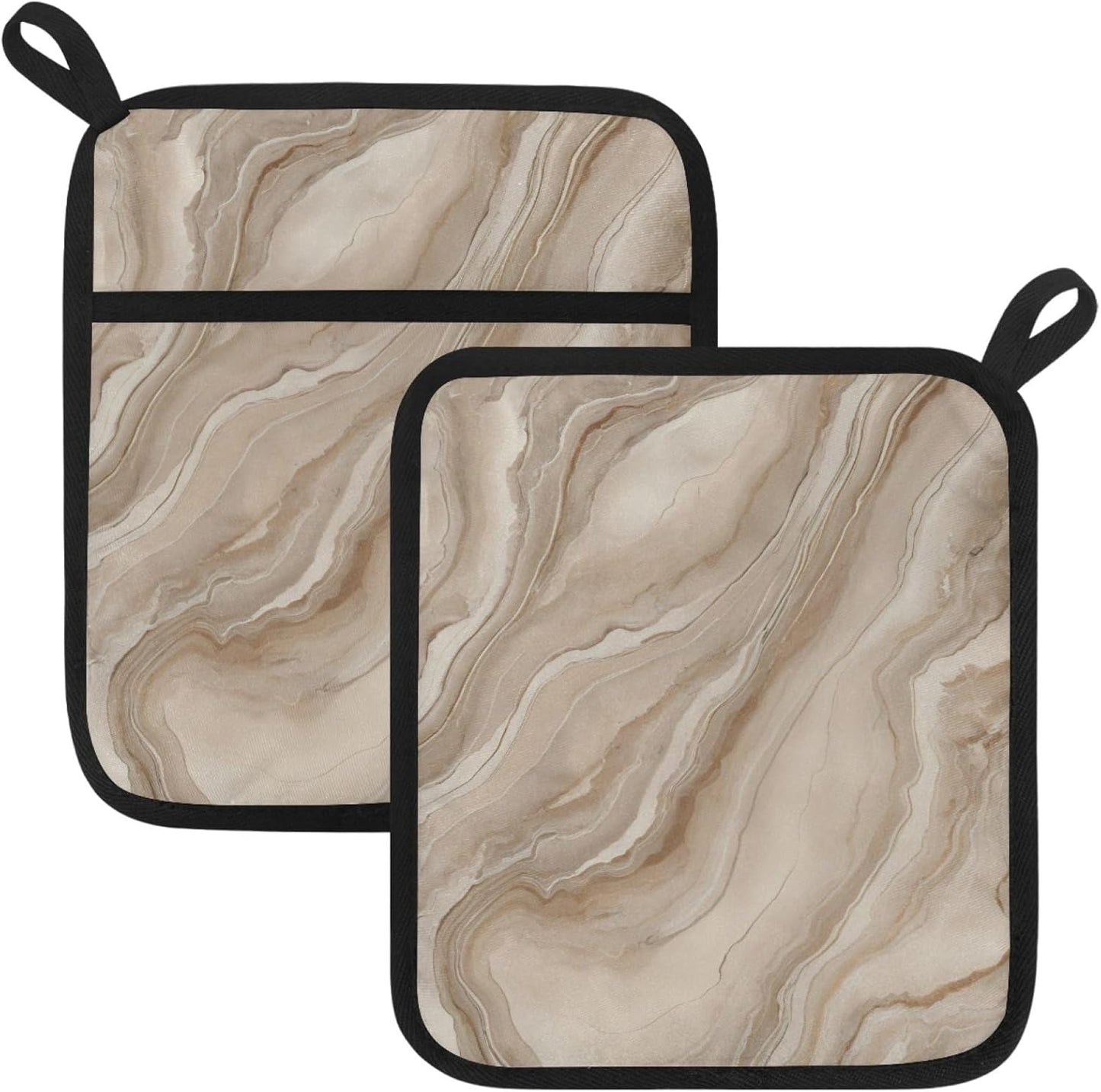 2 Pcs Square Pot Holders for Kitchen with Pockets, Light Yellow Marble Hot Handle Holders for Pots and Pans, Kitchen Hot Pad Oven Mitts for Baking Cooking, 8.5" X 10"