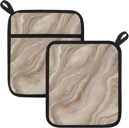 2 Pcs Square Pot Holders for Kitchen with Pockets, Light Yellow Marble Hot Handle Holders for Pots and Pans, Kitchen Hot Pad Oven Mitts for Baking Cooking, 8.5" X 10"