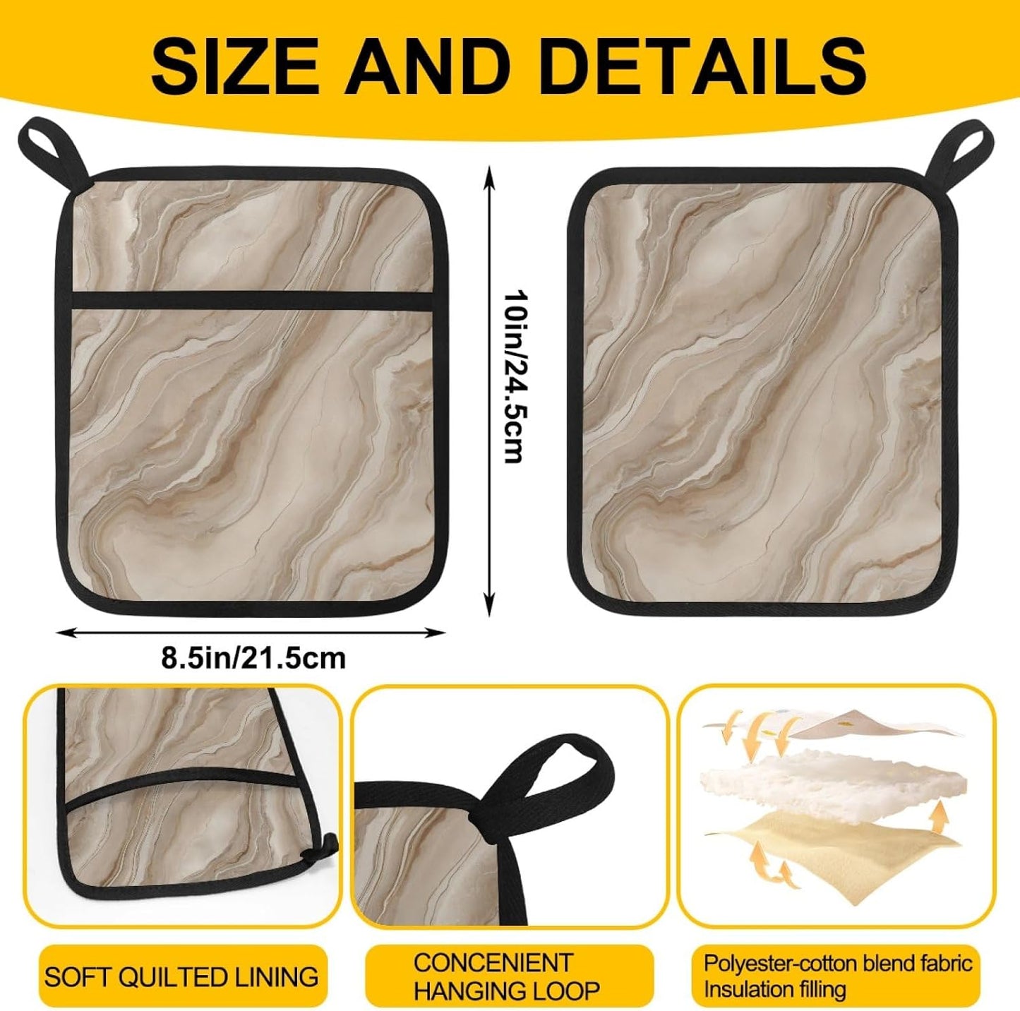 2 Pcs Square Pot Holders for Kitchen with Pockets, Light Yellow Marble Hot Handle Holders for Pots and Pans, Kitchen Hot Pad Oven Mitts for Baking Cooking, 8.5" X 10"