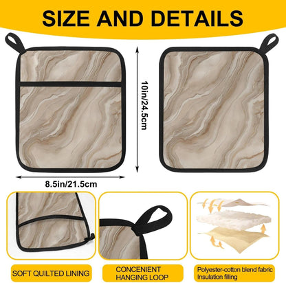 2 Pcs Square Pot Holders for Kitchen with Pockets, Light Yellow Marble Hot Handle Holders for Pots and Pans, Kitchen Hot Pad Oven Mitts for Baking Cooking, 8.5" X 10"