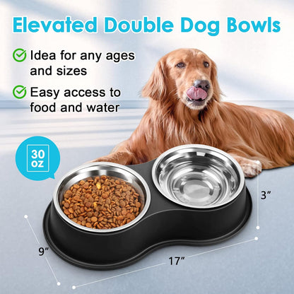 Stainless Steel Dog Bowls Double Non-Slip Dog Water and Food Bowl | Pet Feeder Bowls, Dog Dishes, Raised Feeding Design, Double Bowls Set, For Puppies, Medium Dogs and Cats, Outdoor / Indoor