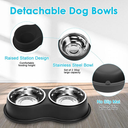 Stainless Steel Dog Bowls Double Non-Slip Dog Water and Food Bowl | Pet Feeder Bowls, Dog Dishes, Raised Feeding Design, Double Bowls Set, For Puppies, Medium Dogs and Cats, Outdoor / Indoor