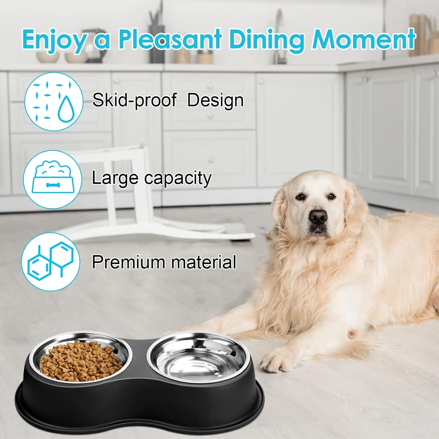 Stainless Steel Dog Bowls Double Non-Slip Dog Water and Food Bowl | Pet Feeder Bowls, Dog Dishes, Raised Feeding Design, Double Bowls Set, For Puppies, Medium Dogs and Cats, Outdoor / Indoor