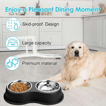 Stainless Steel Dog Bowls Double Non-Slip Dog Water and Food Bowl | Pet Feeder Bowls, Dog Dishes, Raised Feeding Design, Double Bowls Set, For Puppies, Medium Dogs and Cats, Outdoor / Indoor