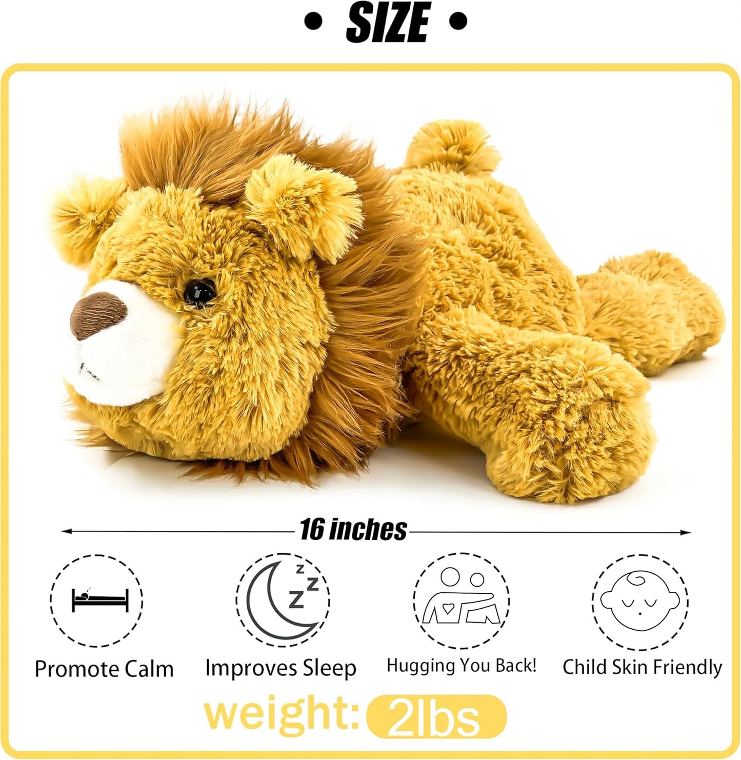 16" 2 Lbs Yellow Lion Weighted Stuffed Animals, Plush Pillow Toy | Sensory Comfort Weighted Plush Throw Toy, Kawaii Plushies Hugging Toy Gifts for Kids & Adults (Lion, 16 inch 2 Pounds)