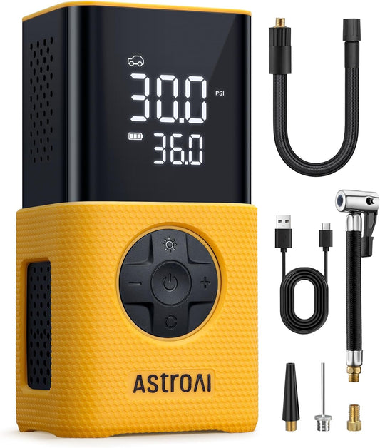L7S Tire Inflator Portable Air Compressor Cordless with Digital Pressure Gauge, 150 PSI LED Light Bike Air Pump with Fast Inflation & Auto Shut-Off for Car Tires,Motorcycles,Bikes,Balls,Yellow | Digital Dual Values Display, Electric Tyre Pump with