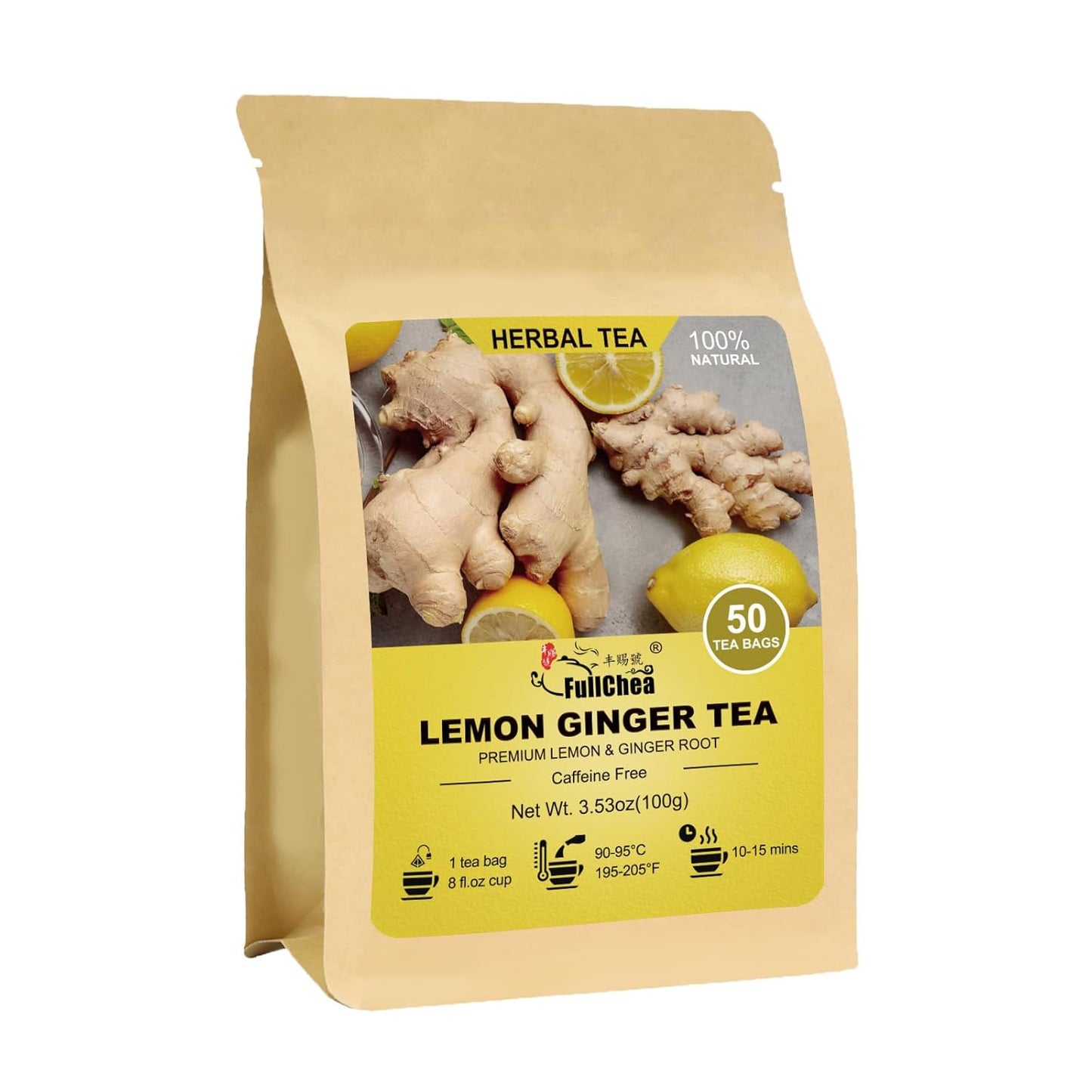 Lemon Ginger Tea Bags, 50 Teabags - Pleasantly Spicy & Warming - Non-GMO - Caffeine-free - Support Healthy Digestion & Boost Immunity