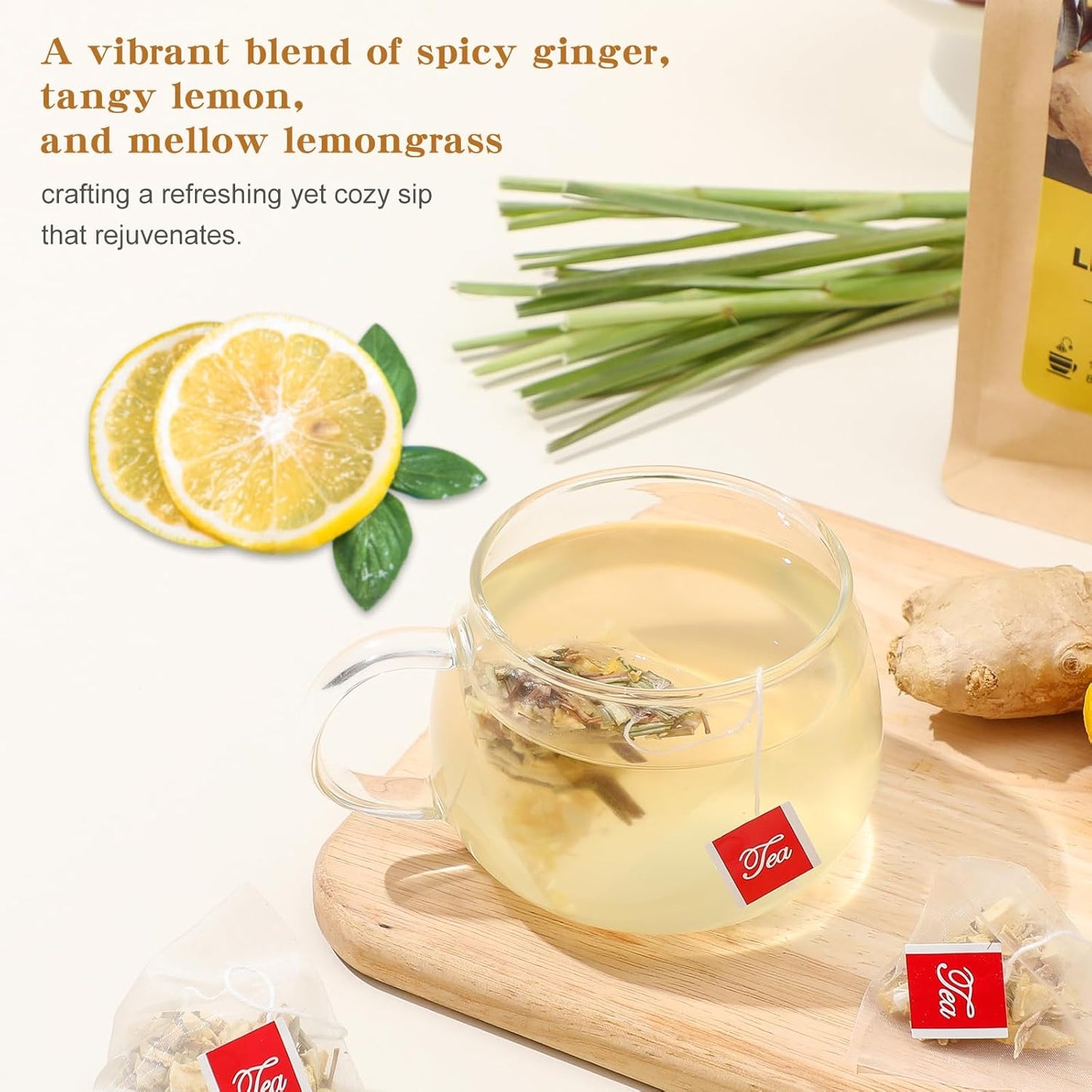 Lemon Ginger Tea Bags, 50 Teabags - Pleasantly Spicy & Warming - Non-GMO - Caffeine-free - Support Healthy Digestion & Boost Immunity