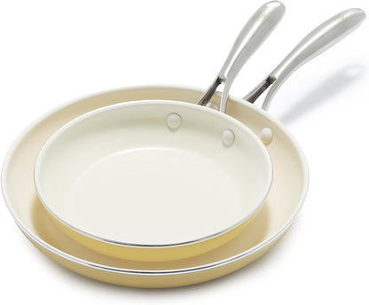 Artisan Healthy Ceramic Nonstick, 8" and 10" Frying Pan Skillet Set, Stainless Steel Handle, Induction, PFAS-Free, Dishwasher Safe, Oven Safe, Yellow