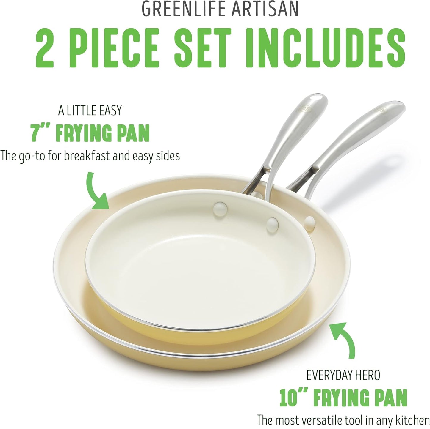 Artisan Healthy Ceramic Nonstick, 8" and 10" Frying Pan Skillet Set, Stainless Steel Handle, Induction, PFAS-Free, Dishwasher Safe, Oven Safe, Yellow