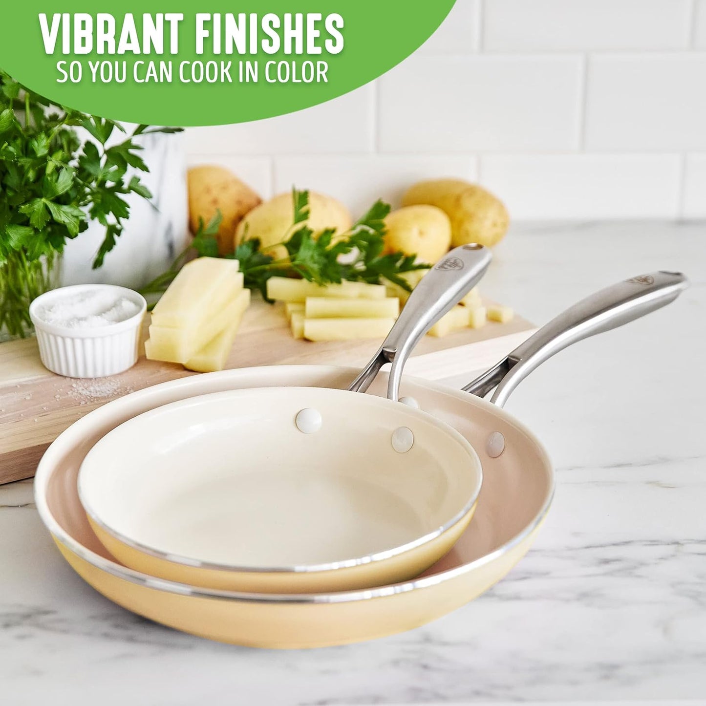 Artisan Healthy Ceramic Nonstick, 8" and 10" Frying Pan Skillet Set, Stainless Steel Handle, Induction, PFAS-Free, Dishwasher Safe, Oven Safe, Yellow