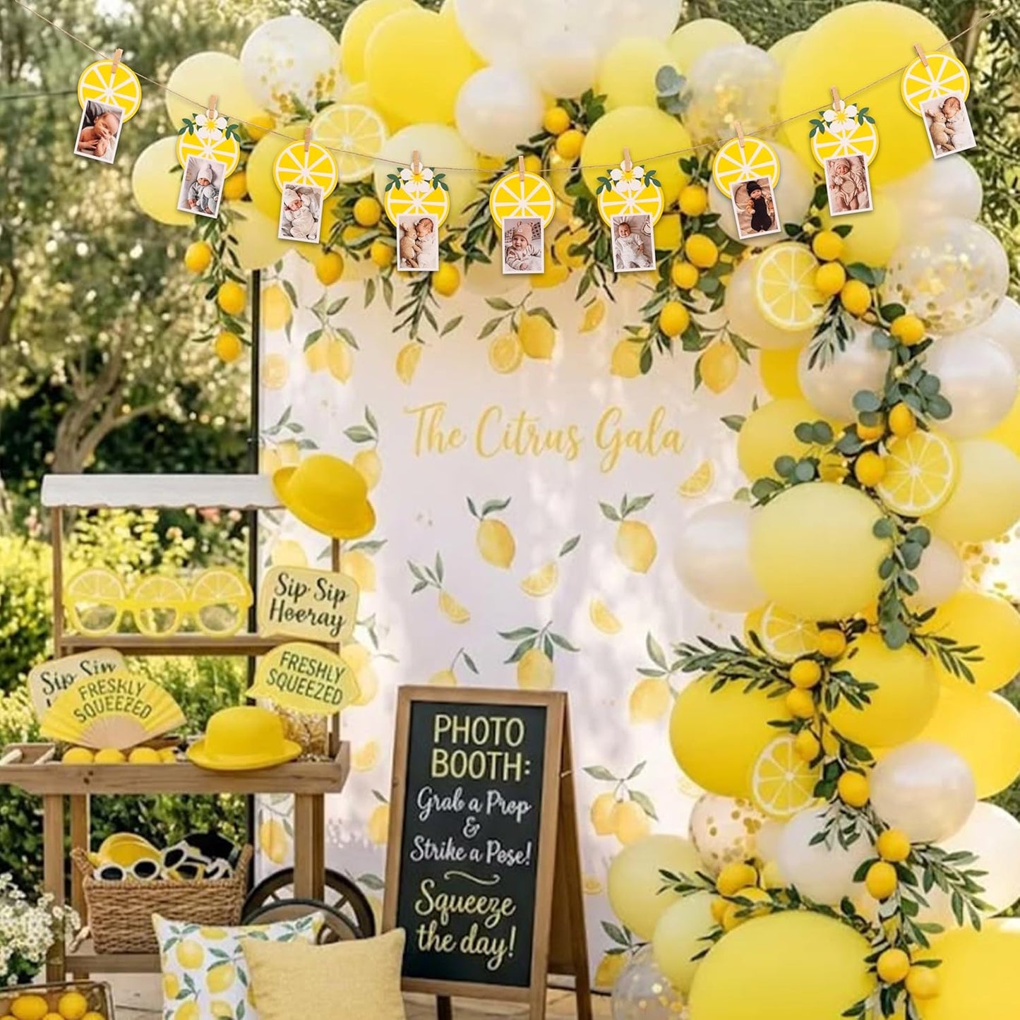 Lemon Photo Banner Kit with Wooden Clips | Lemon-themed Birthday Party, Summer Lemonade Theme Baby Shower Decor, Kids Party Photo Booth Props
