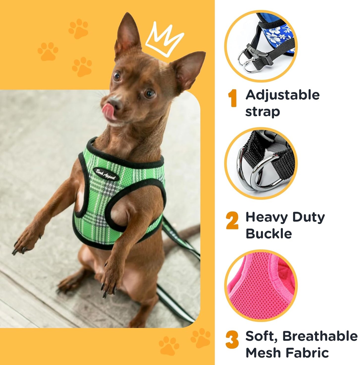 Yellow Step-in Dog Harness for Extra Small Sized Pets – Updated Sizing, Re-Measuring is Essential – Soft Vest Harness – Anti-Choke with Adjustable Strap & Heavy Duty Clip – XS