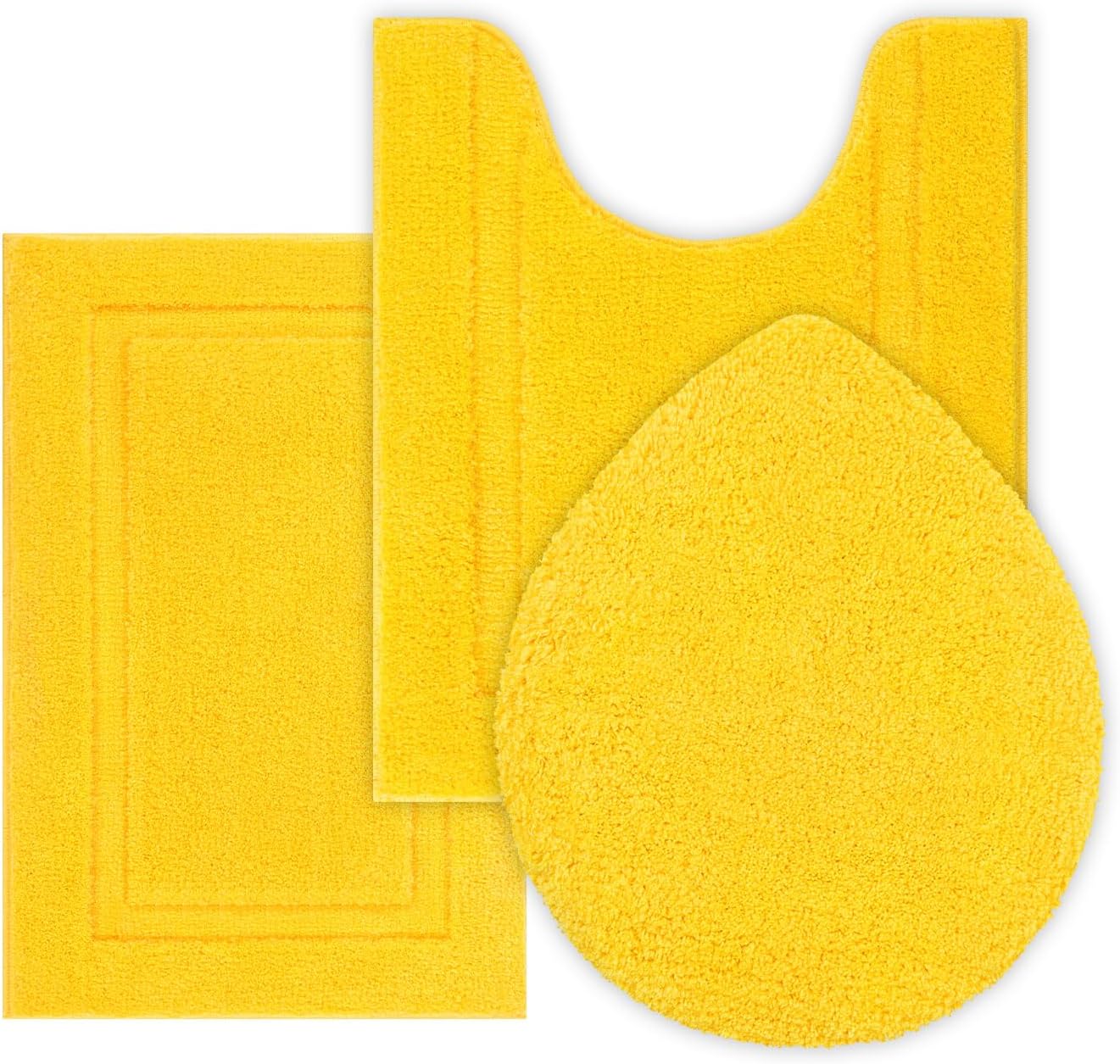 3 Piece Bath Rugs Set with Toilet Lid Cover Soft Absorbent | 16"x24" Small Bath Mats U Shape Contour Rug Toilet Cover Set Non Slip Machine Washable Plush Bathroom Rug(Yellow)