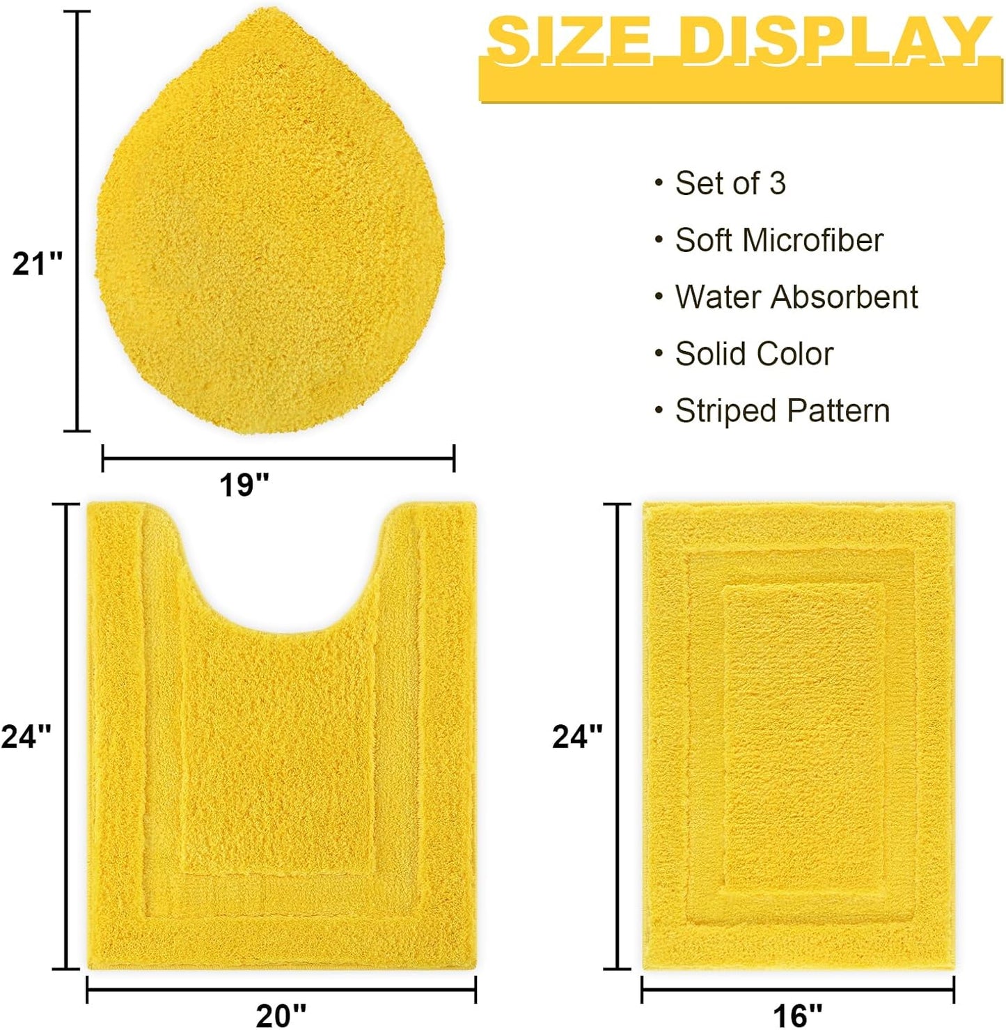 3 Piece Bath Rugs Set with Toilet Lid Cover Soft Absorbent | 16"x24" Small Bath Mats U Shape Contour Rug Toilet Cover Set Non Slip Machine Washable Plush Bathroom Rug(Yellow)