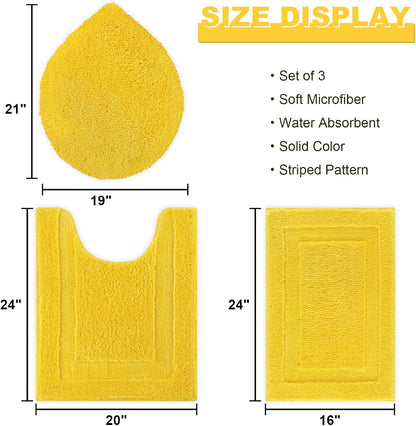 3 Piece Bath Rugs Set with Toilet Lid Cover Soft Absorbent | 16"x24" Small Bath Mats U Shape Contour Rug Toilet Cover Set Non Slip Machine Washable Plush Bathroom Rug(Yellow)